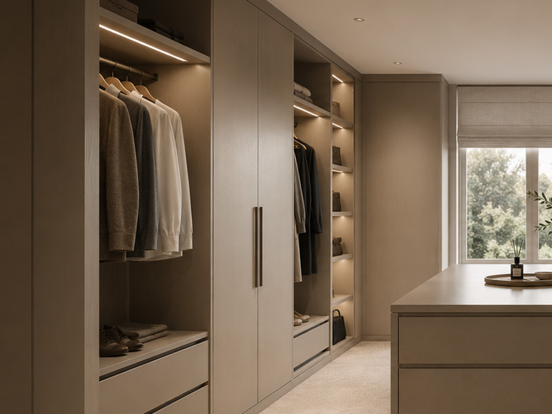 Walk-in wardrobe storage designed and built by Hassock Wood