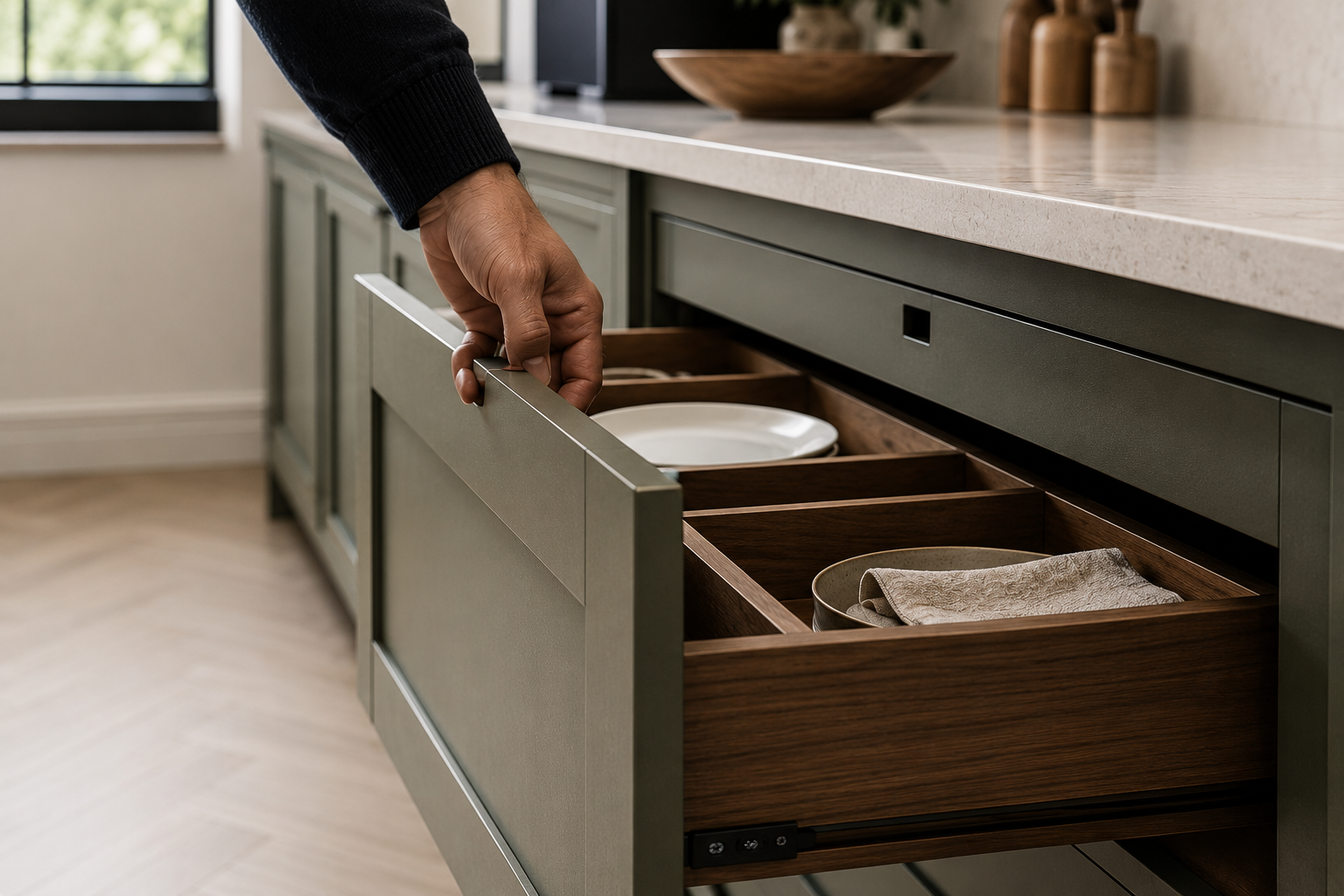 Kitchen handle and cabinetry material sample detail